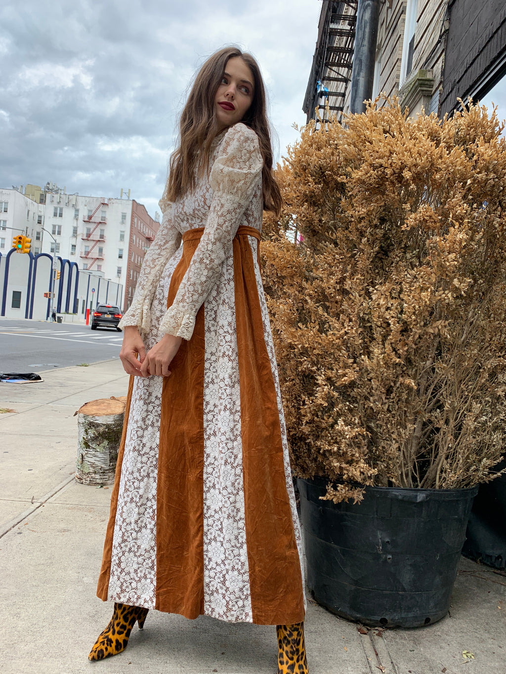 Cognac Velvet and lace maxi