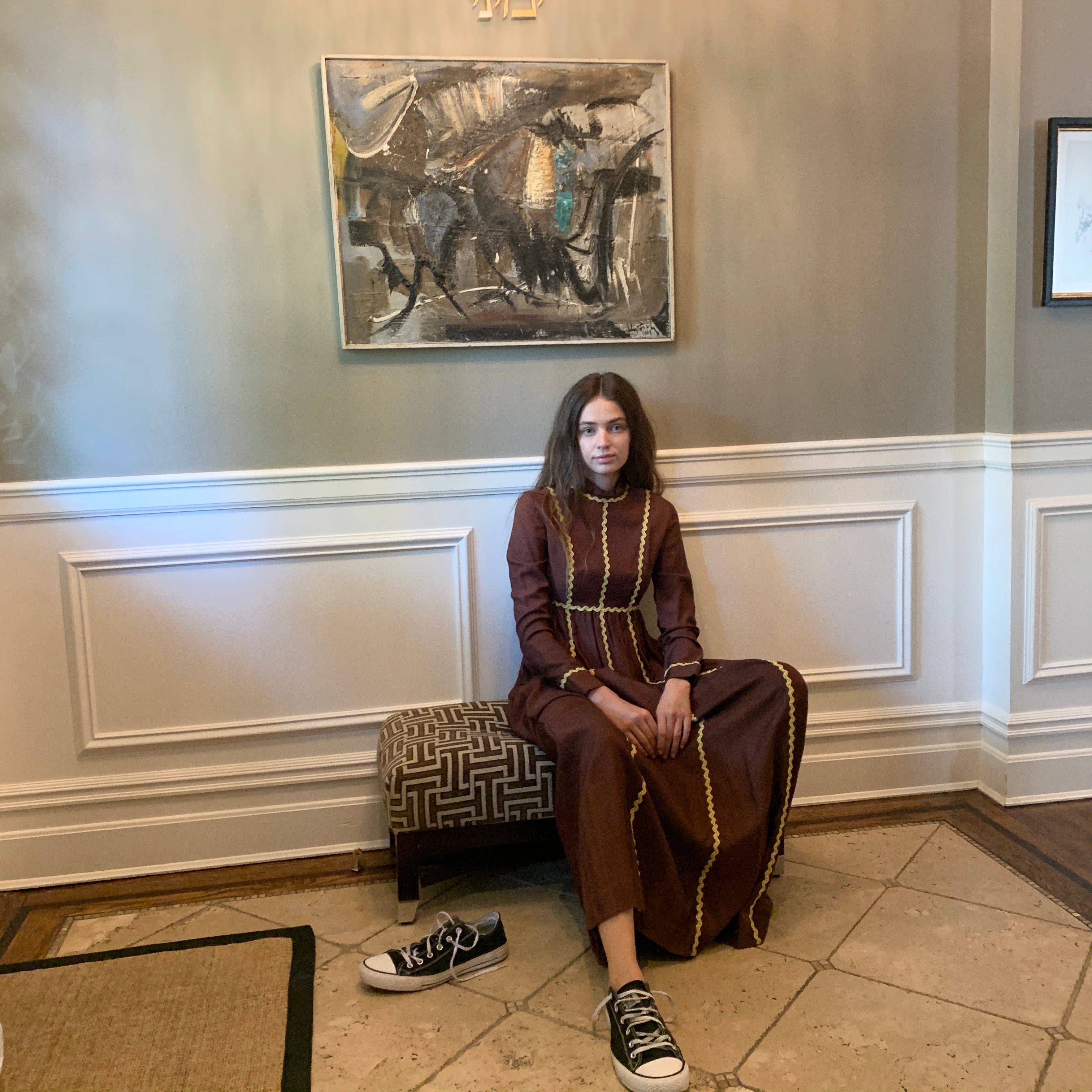 Brown cotton maxi with yellow rick rack – MyMothersArmoire