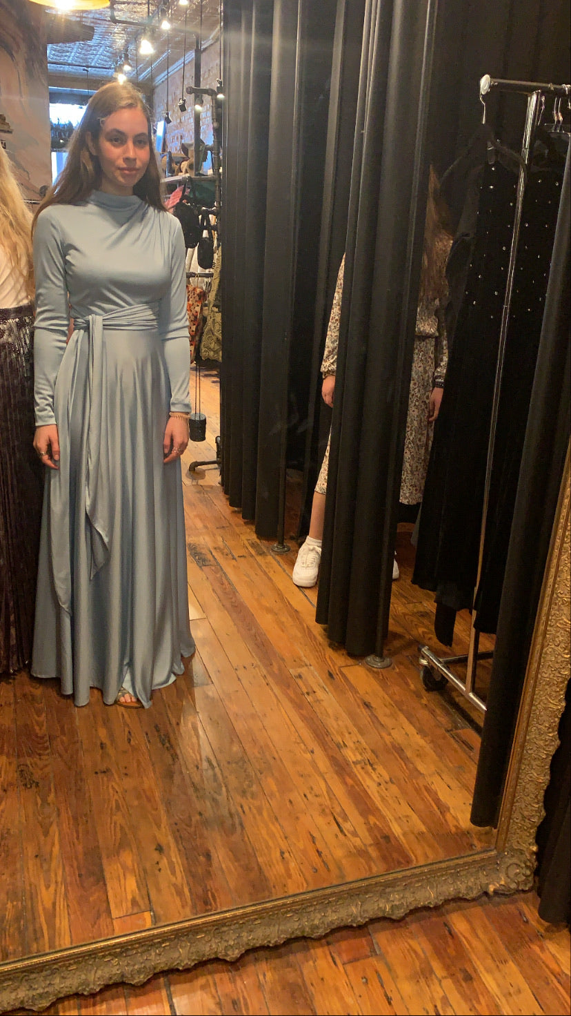 Baby blue, cowl neck, wrap belt, slinky, A line maxi