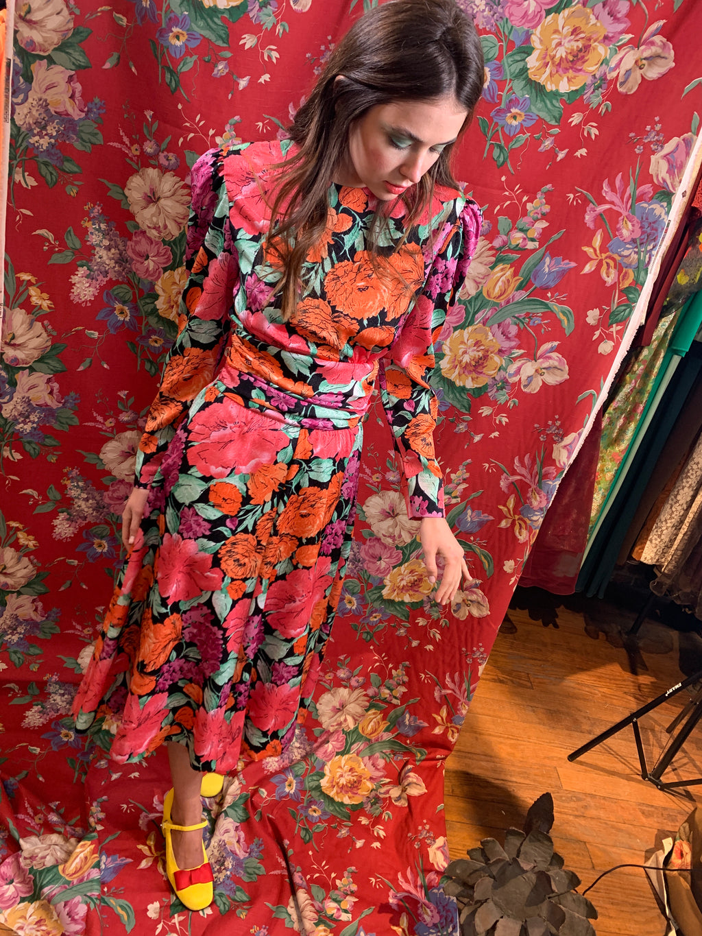 Orange floral dress with gathered waist