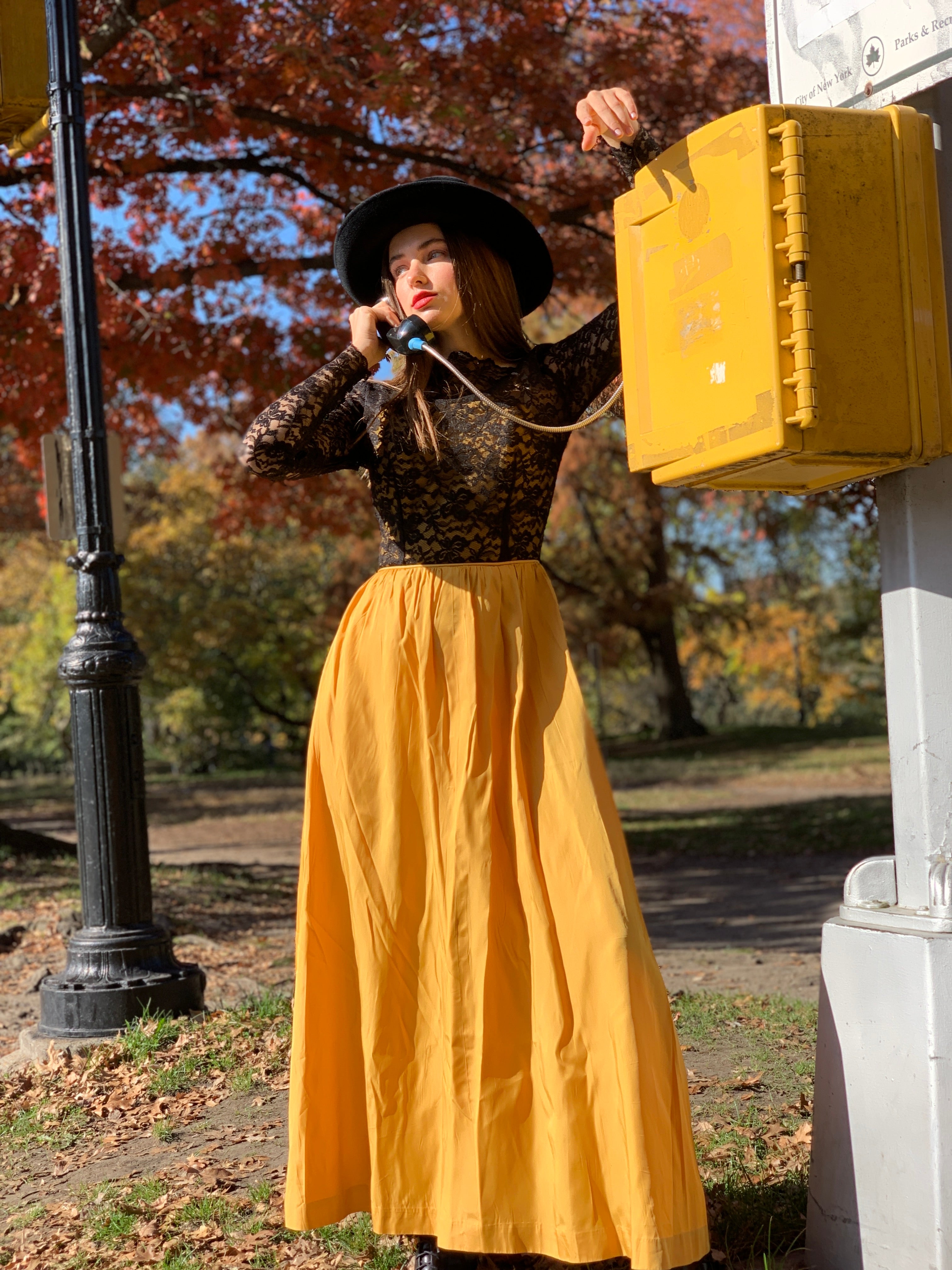 Yellow taffeta maxi with black lace bodice