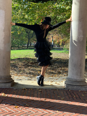 Black knit bodice  organza tiered ruffled dress