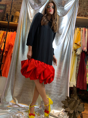 Red origami bottom black shift dress