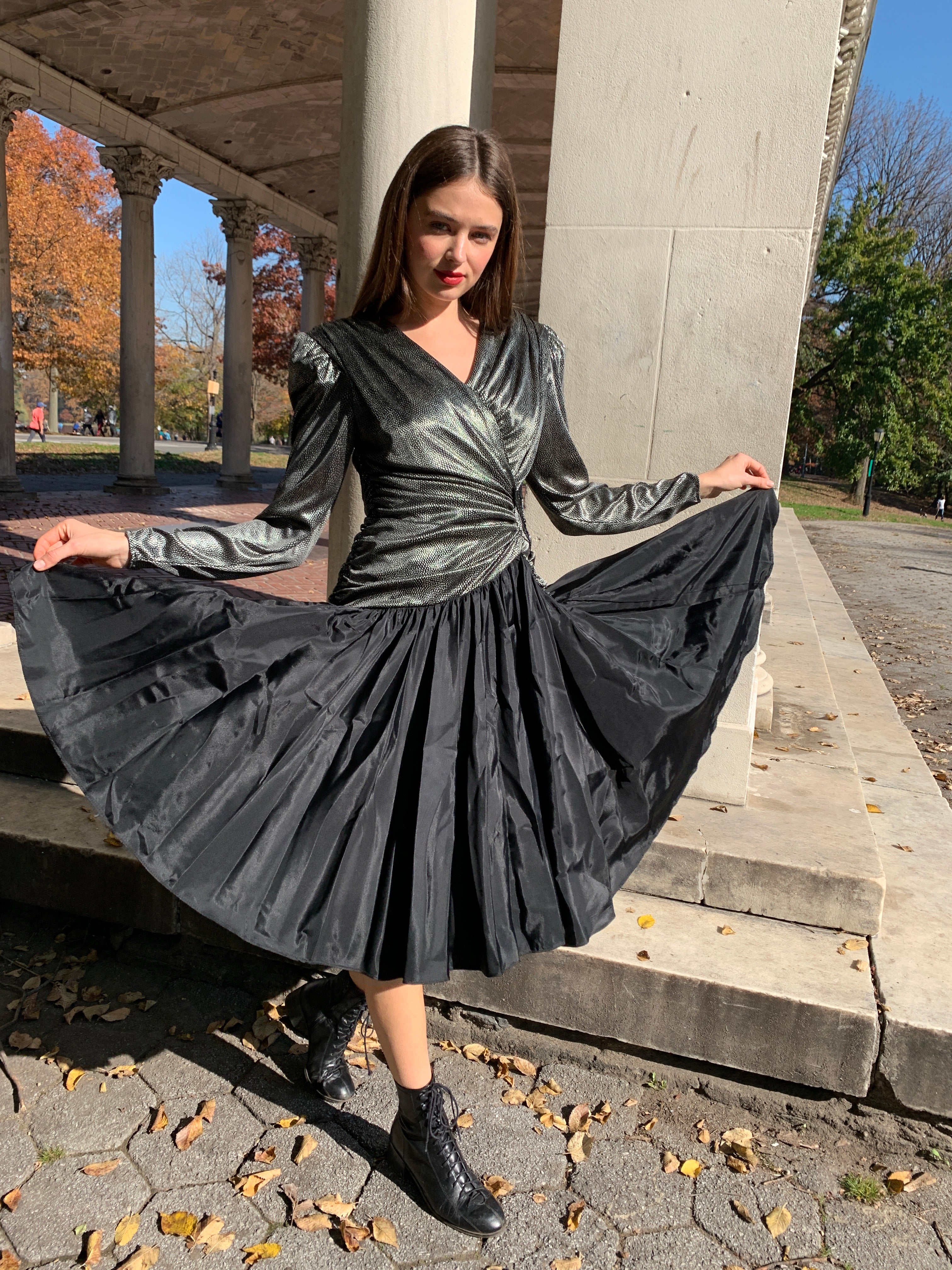 Silver and black tafetta party dress