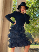 Black knit bodice  organza tiered ruffled dress